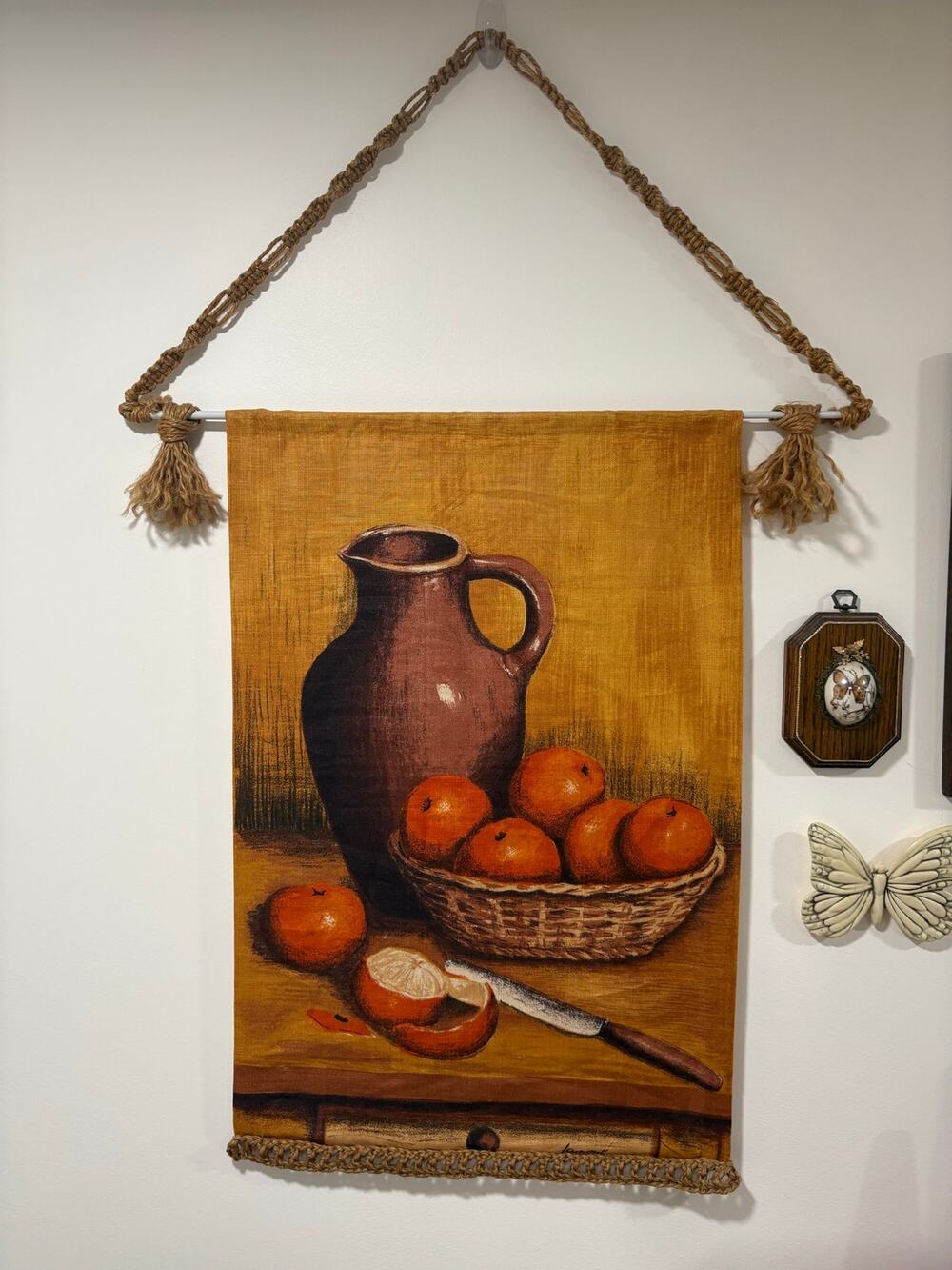 Vintage 70s Lamont Irish Linen Orange Macrame Wall Hanging Cottagecore Decor